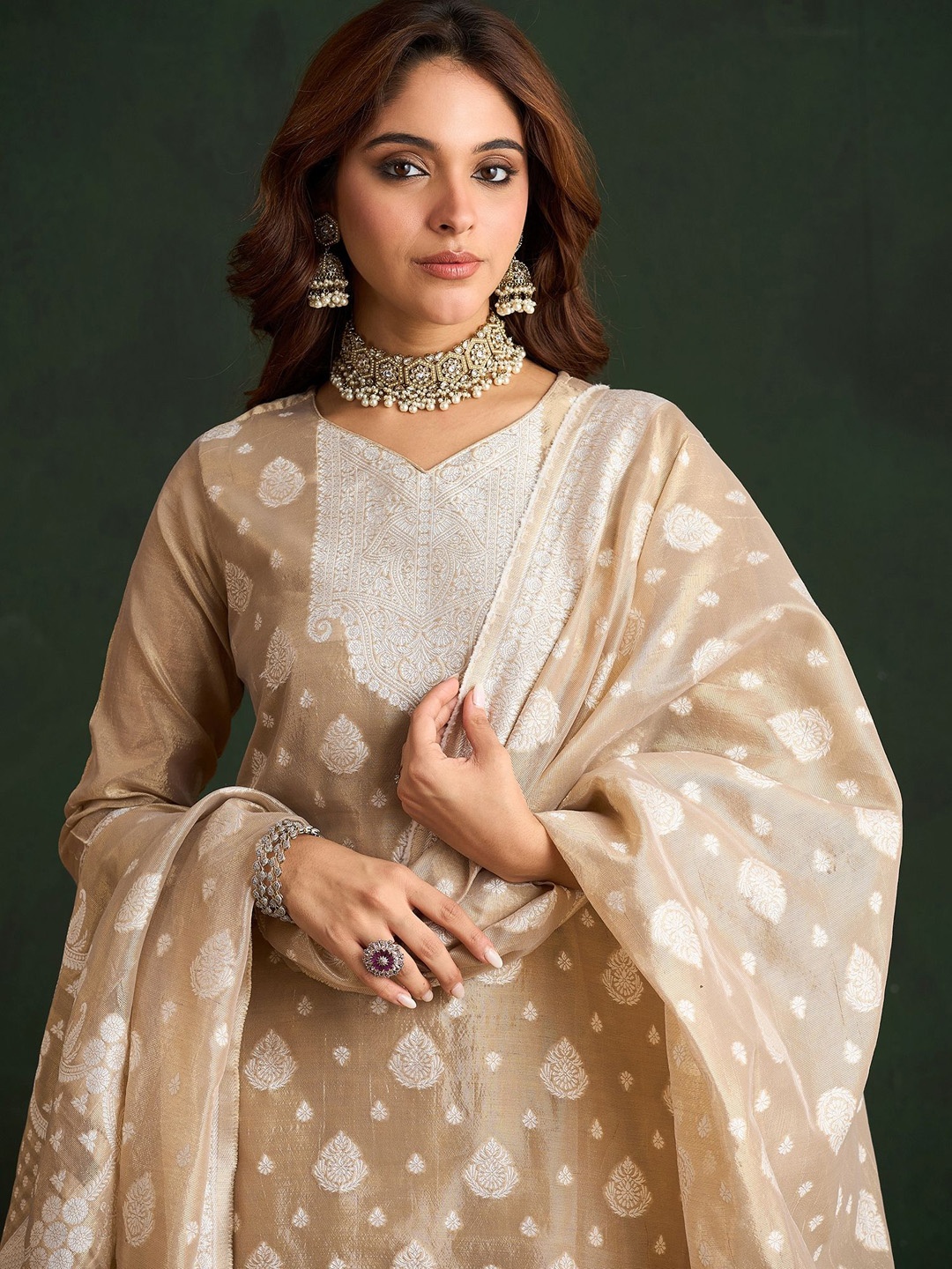 

Indo Era Women Regular Kurta with Trousers & With Dupatta, Beige