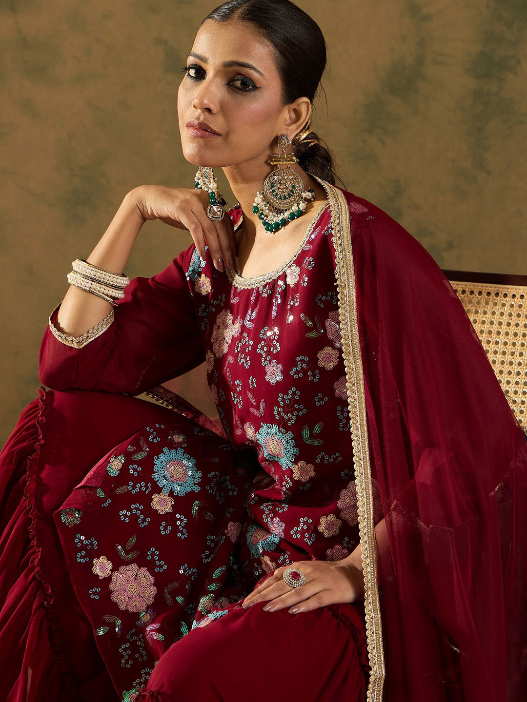 

Indo Era Women Floral Embroidered Regular Sequinned Kurta with Sharara & With Dupatta, Maroon