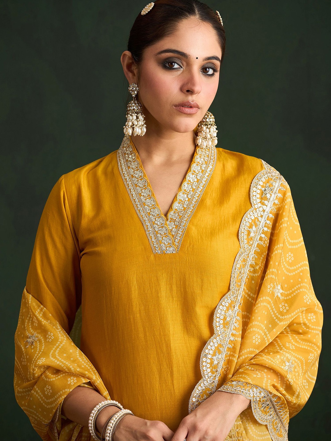 

Indo Era Women Ethnic Motifs Embroidered Regular Kurta with Trousers & With Dupatta, Mustard