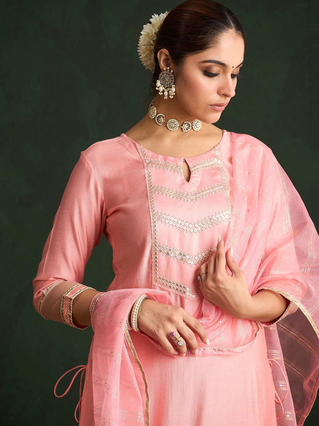 

Indo Era Women Floral Embroidered Regular Sequinned Kurta with Trousers, Pink
