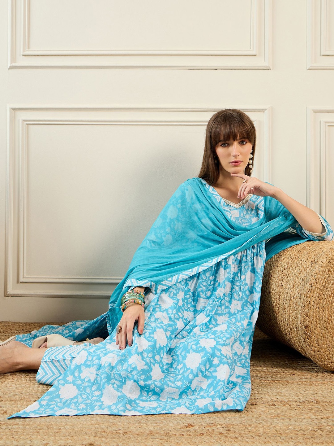 

Indo Era Women Floral Printed Empire Mirror Work Pure Cotton Kurta with Trousers & With Dupatta, Blue