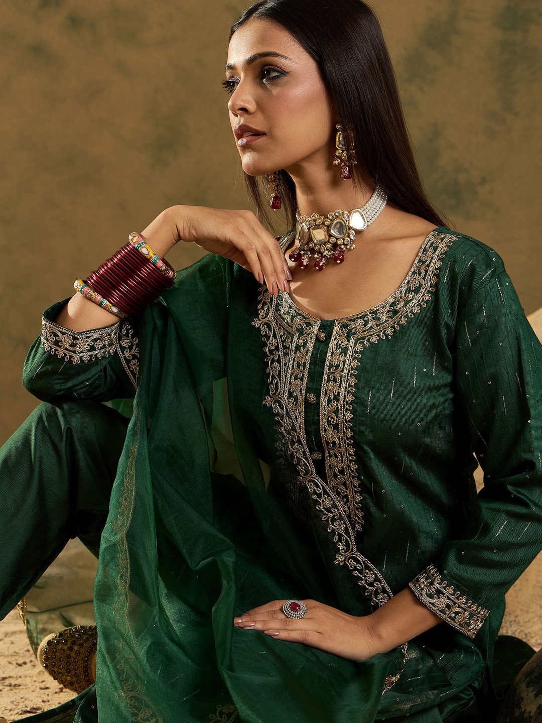 

Indo Era Women Ethnic Motifs Embroidered Regular Sequinned Liva Kurta with Trousers & With Dupatta, Green