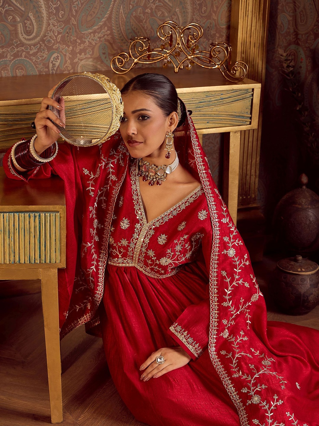 

Indo Era Women Floral Embroidered Empire Kurta with Trousers & With Dupatta, Red