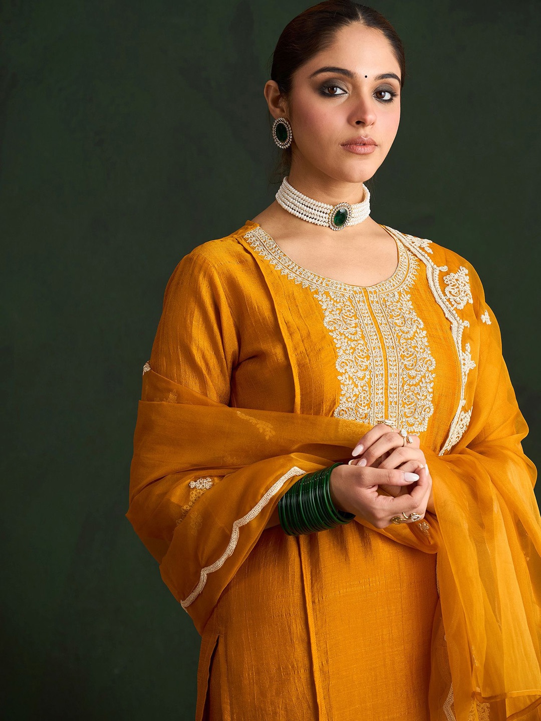 

Indo Era Women Embroidered Panelled Sequinned Kurta with Trousers & With Dupatta, Mustard