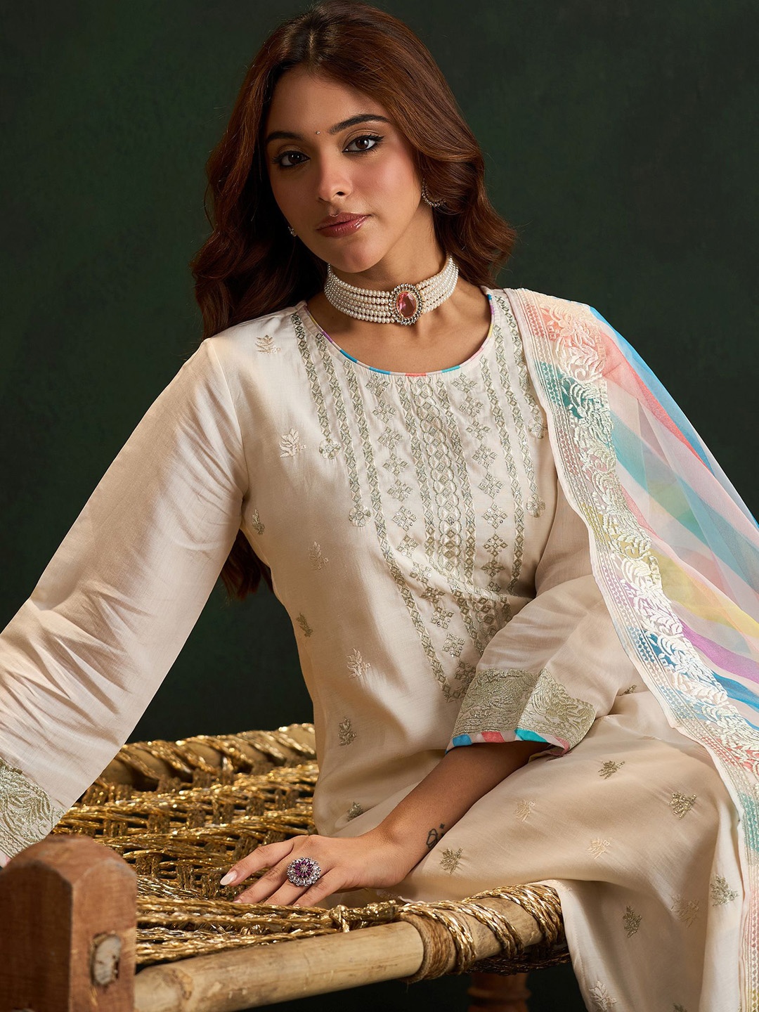 

Indo Era Women Ethnic Motifs Embroidered Regular Pure Cotton Kurta with Trousers & With Dupatta, Cream