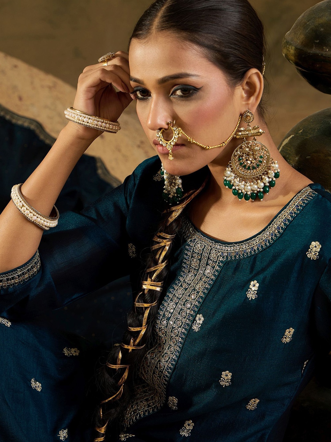

Indo Era Women Embroidered Regular Sequinned Kurta with Trousers & With Dupatta, Teal