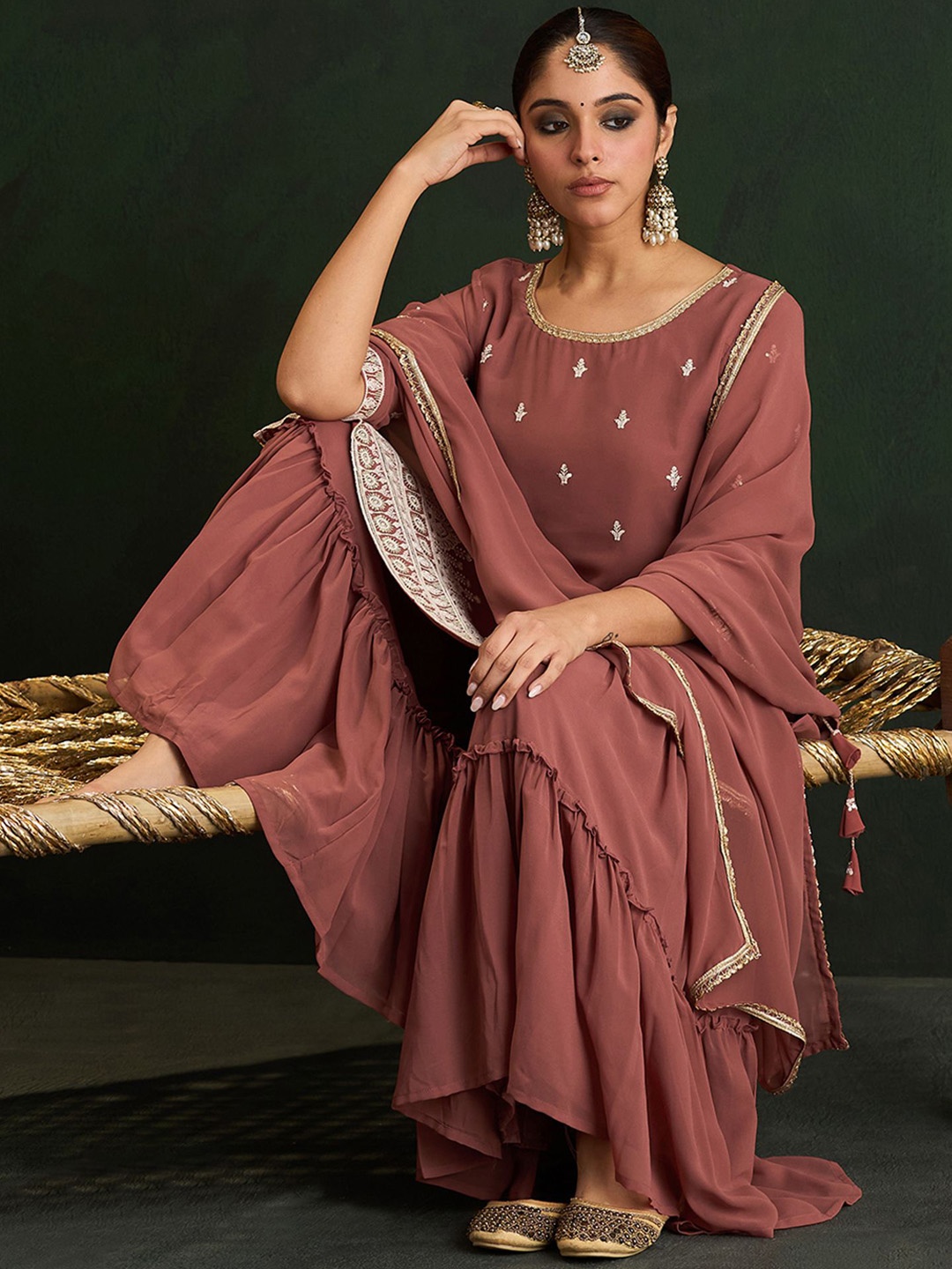 

Indo Era Women Ethnic Motifs Embroidered Regular Thread Work Kurta with Sharara & With Dupatta, Rust