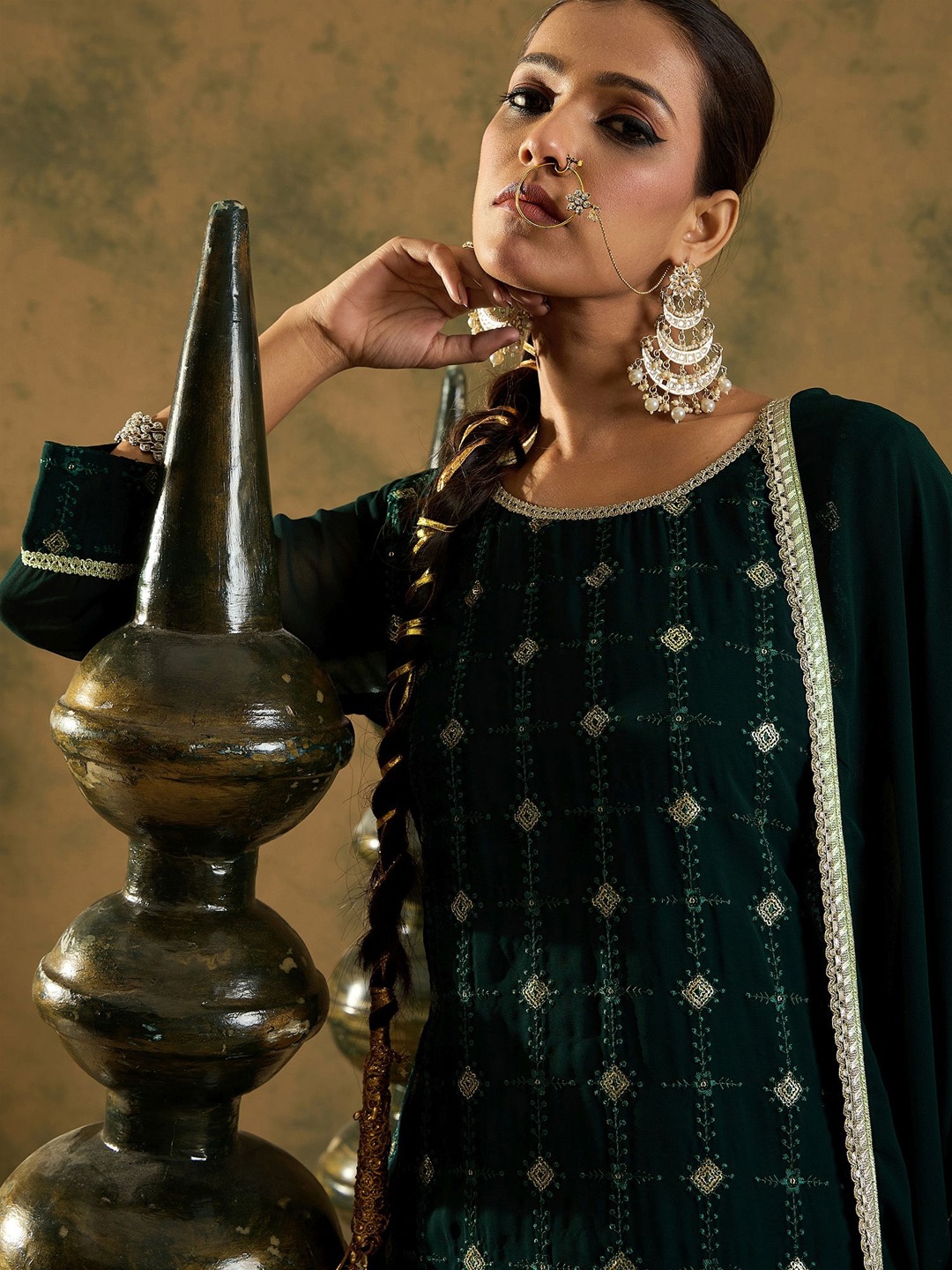 

Indo Era Women Embroidered Regular Sequinned Kurta with Sharara & With Dupatta, Green