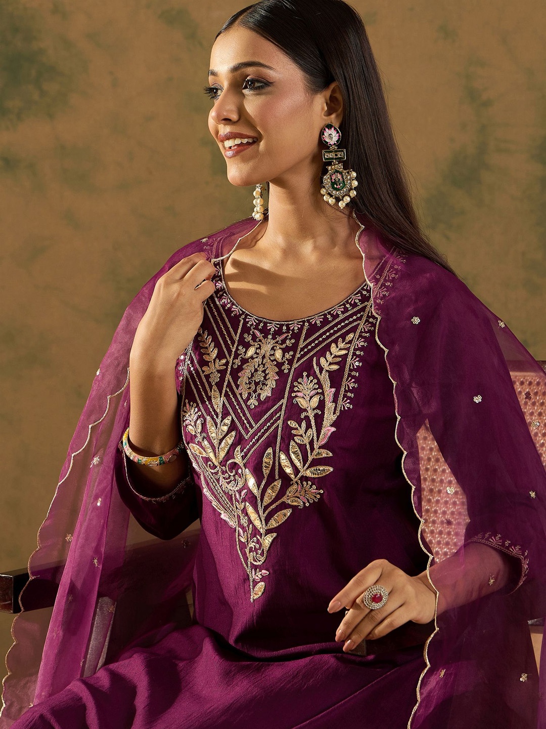 

Indo Era Women Ethnic Motifs Embroidered Regular Gotta Patti Kurta with Trousers & With Dupatta, Purple