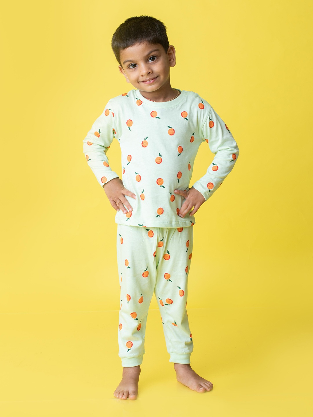 

Orange Sugar Unisex Kids Printed Round Neck T-shirt With Pyjamas, Lime green