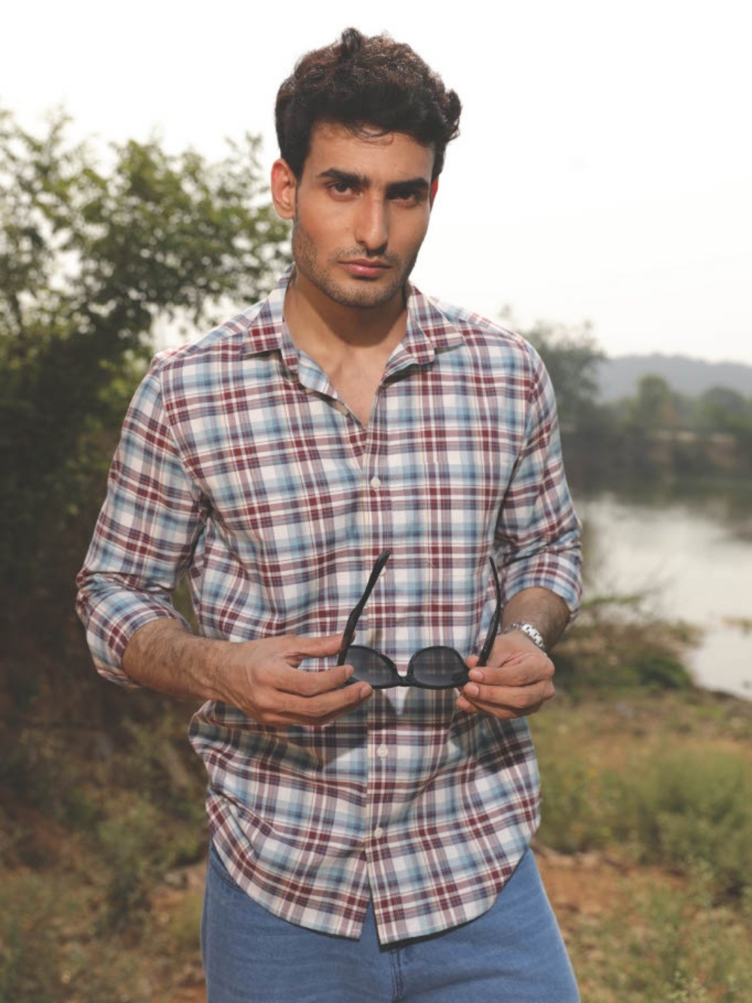 

PERCH Men Tartan Checks Checked Slim Fit Cotton Casual Shirt, Blue