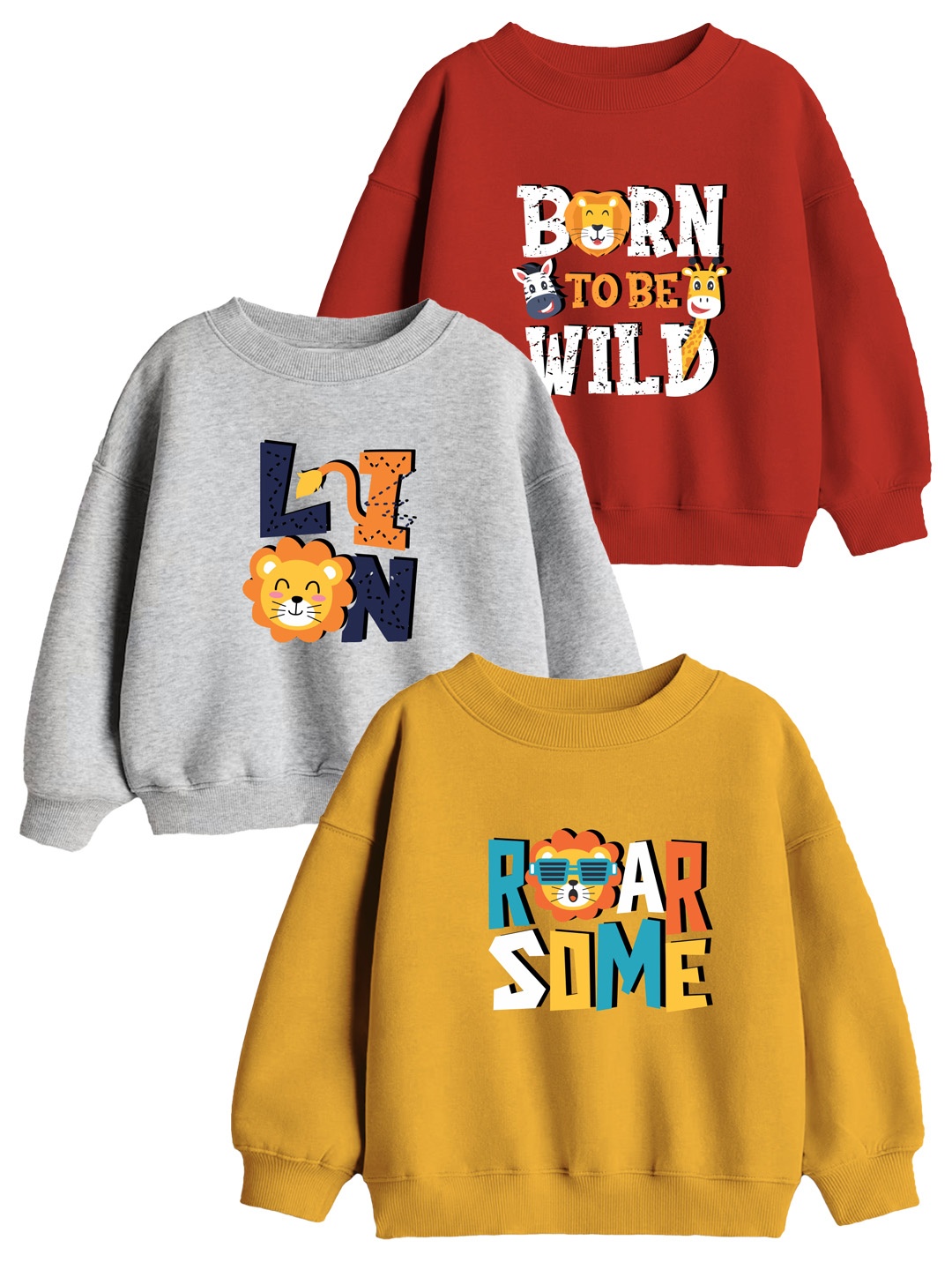 

Minicult Kids Cotton Pack of 3 Printed Round Neck Sweatshirt, Grey