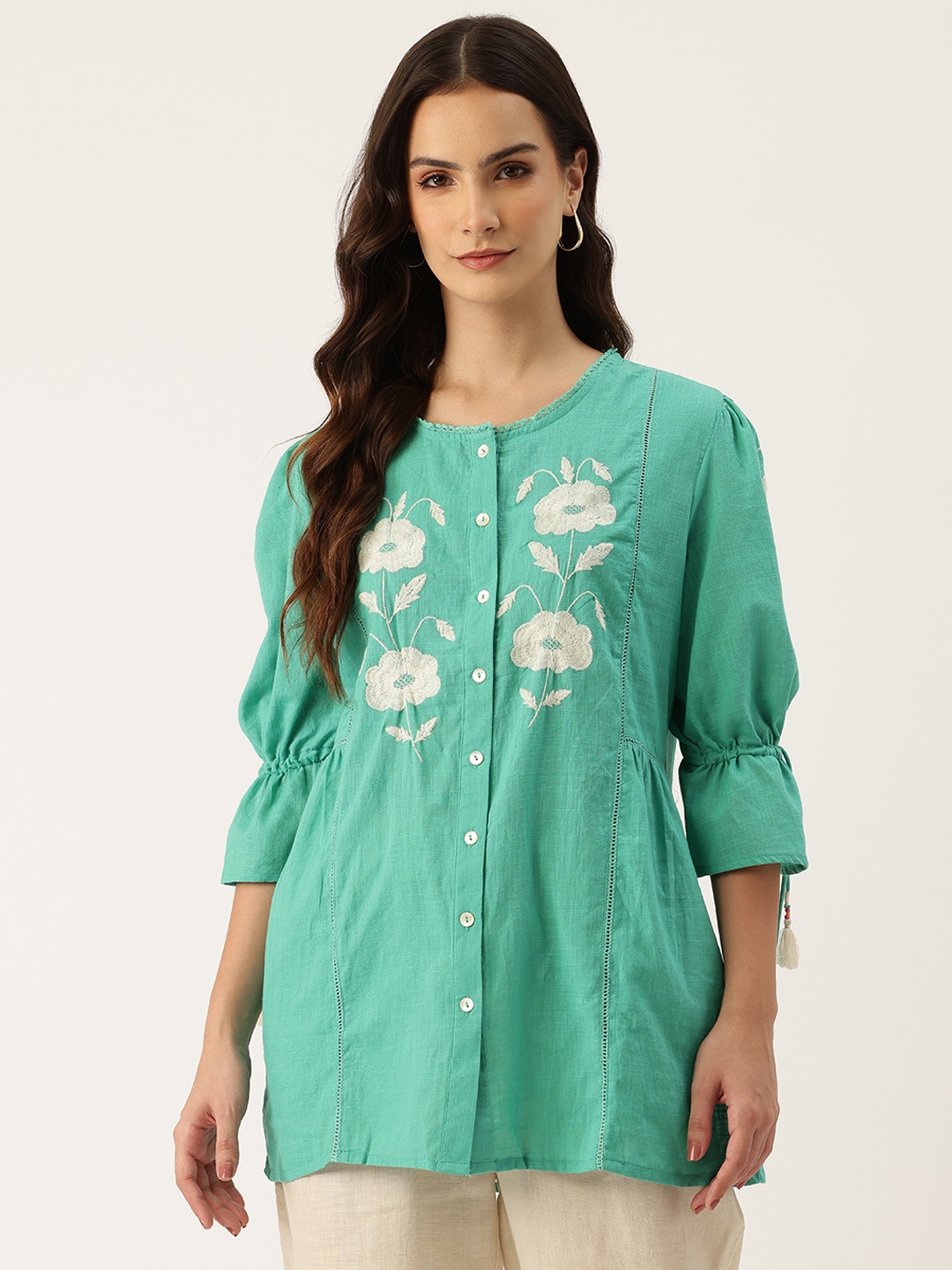 

MISRI Floral Embroidered Bell Sleeves Longline Top, Green