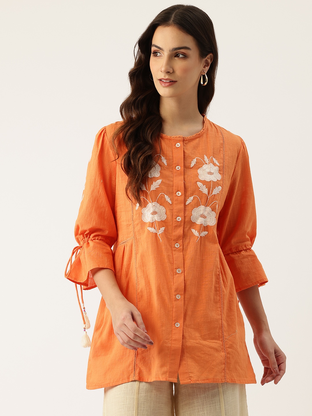 

MISRI Floral Embroidered Bell Sleeves Longline Top, Orange