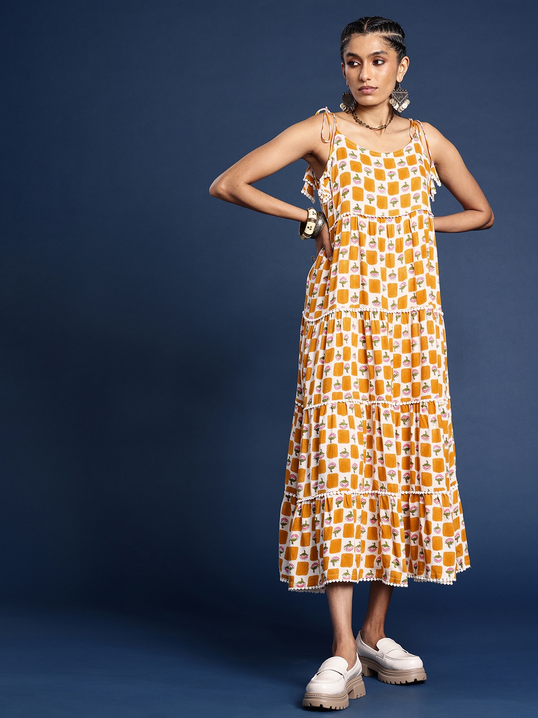 

Taavi Floral Printed Shoulder Straps A-Line Sanganeri Ethnic Dress, White