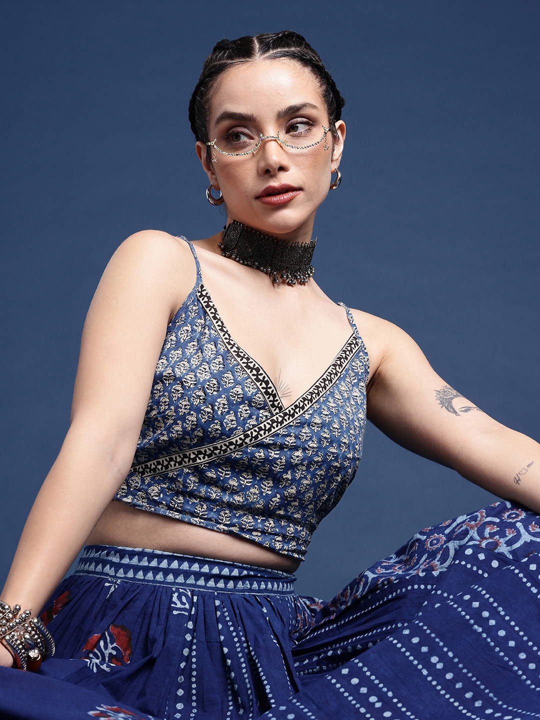

Taavi Bagru Ethnic Motifs Cropped Pure Cotton Top, Blue