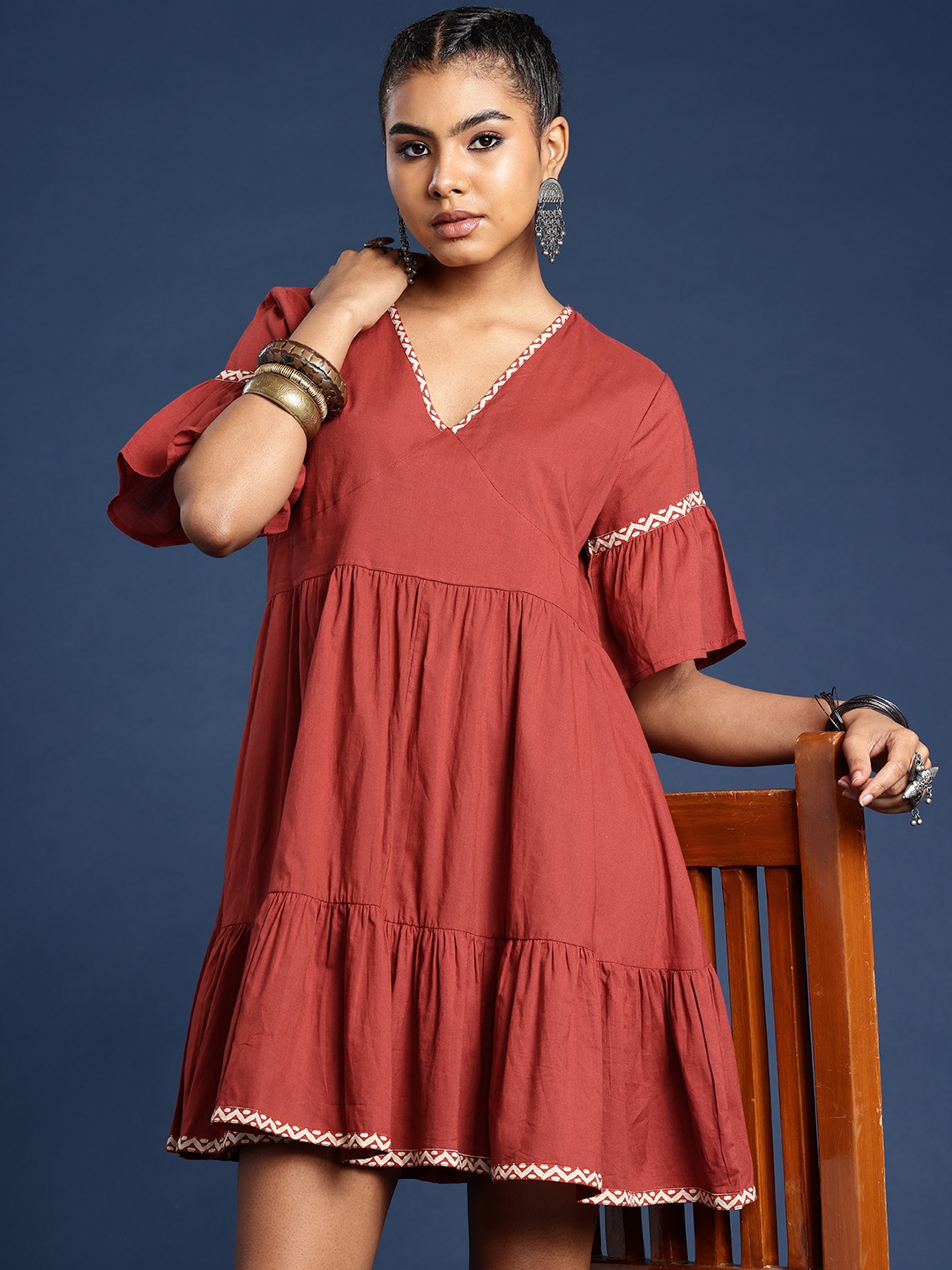 

Taavi V-Neck Flared Sleeves Pure Cotton Bagru A-Line Ethnic Dress, Maroon