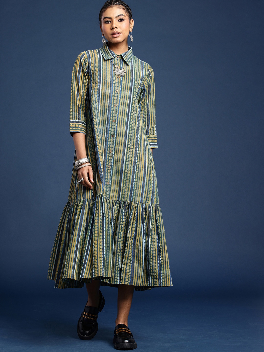 

Taavi Dabu Shirt Collar Striped Midi Pure Cotton Ethnic Dress, Green