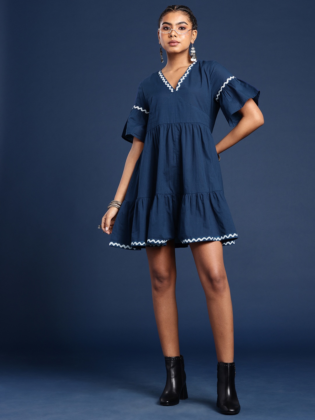 

Taavi Pure Cotton Tiered A-Line Mini Dabu Ethnic Dress, Navy blue