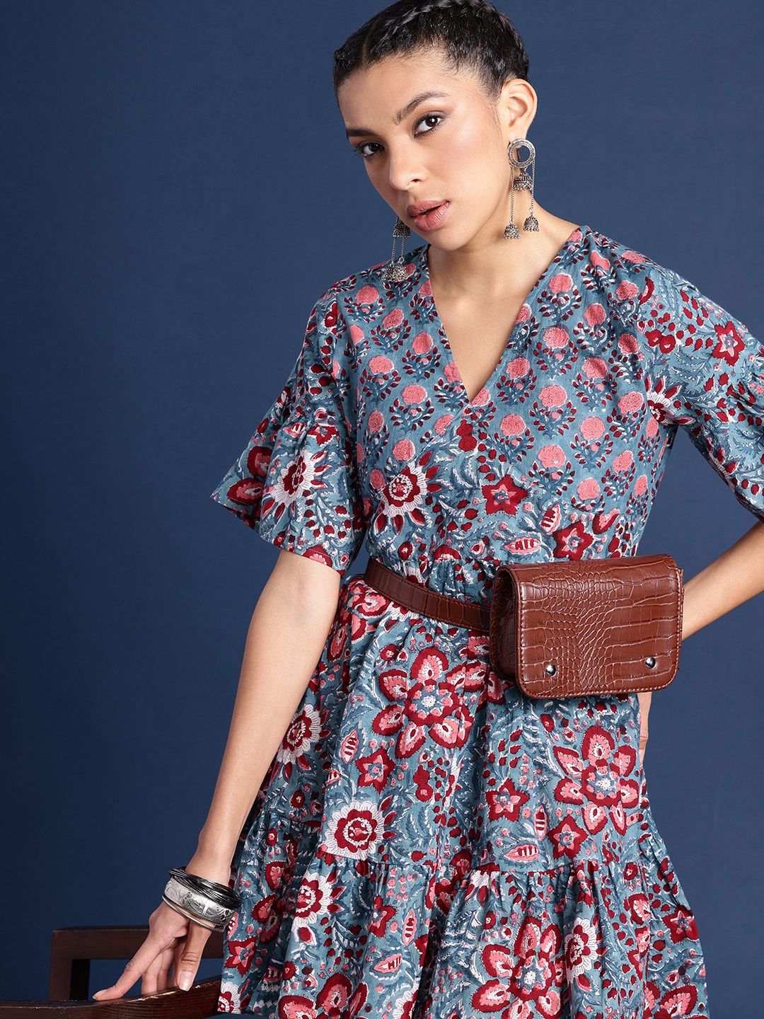 

Taavi Indie Floral Printed Pure Cotton Sanganeri Ethnic Dresses, Blue