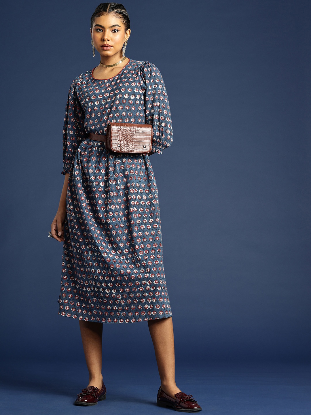 

Taavi Printed A-line Bagru Ethnic Dress, Navy blue
