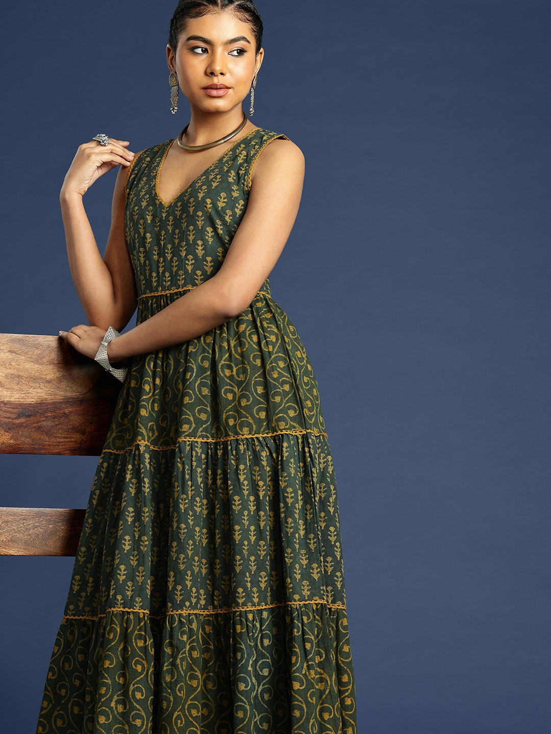 

Taavi Printed Sleeveless Tiered A-Line Block Print Legacy Ethnic Dress, Green