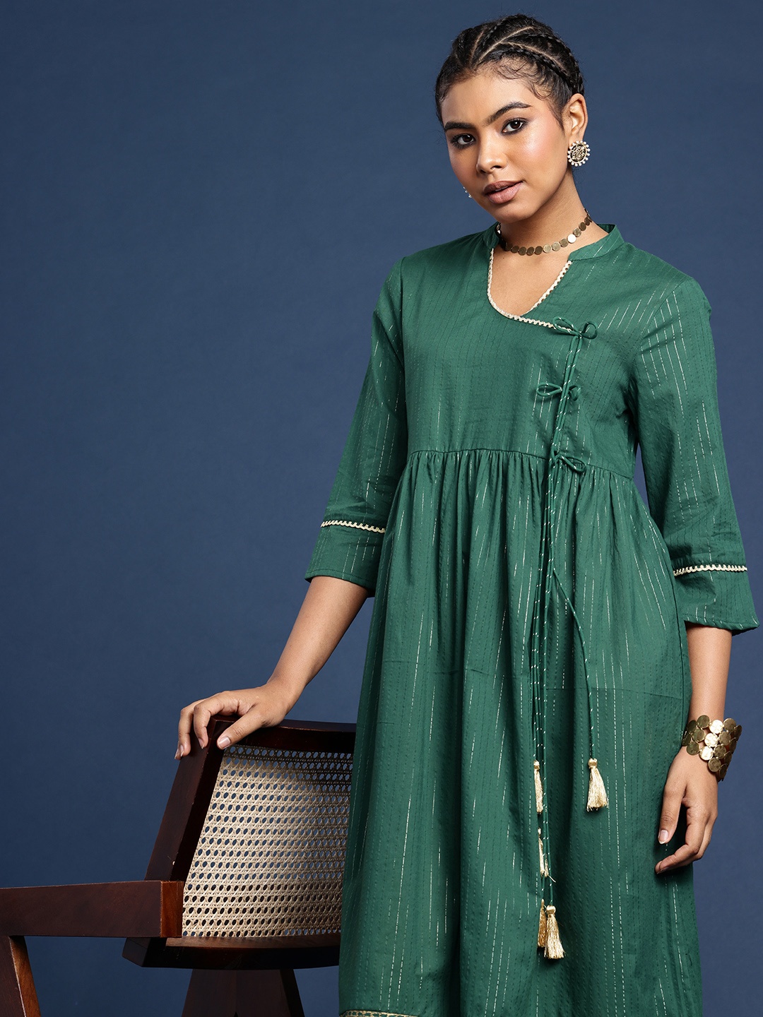 

Taavi Pure Cotton Striped Taavi Festive A-Line Angrakha Kurta, Green