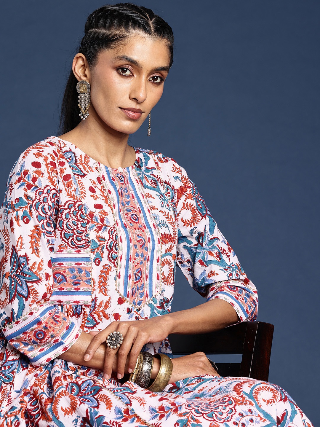 

Taavi Floral Printed Gotta Patti Pure Cotton Sanganeri A-Line Kurta, White