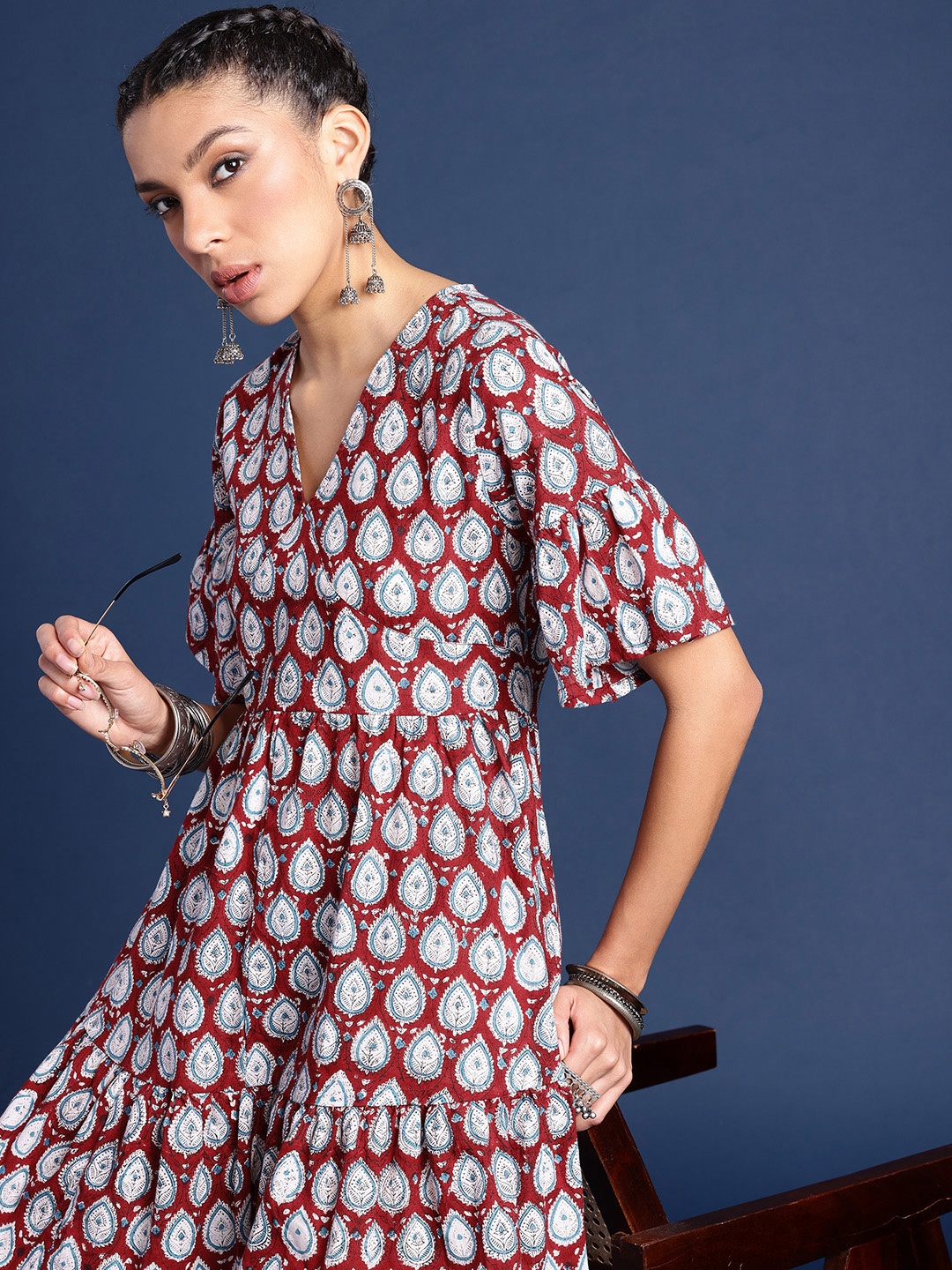 

Taavi Ethnic Printed Pure Cotton Sanganeri Ethnic Dresses, Maroon