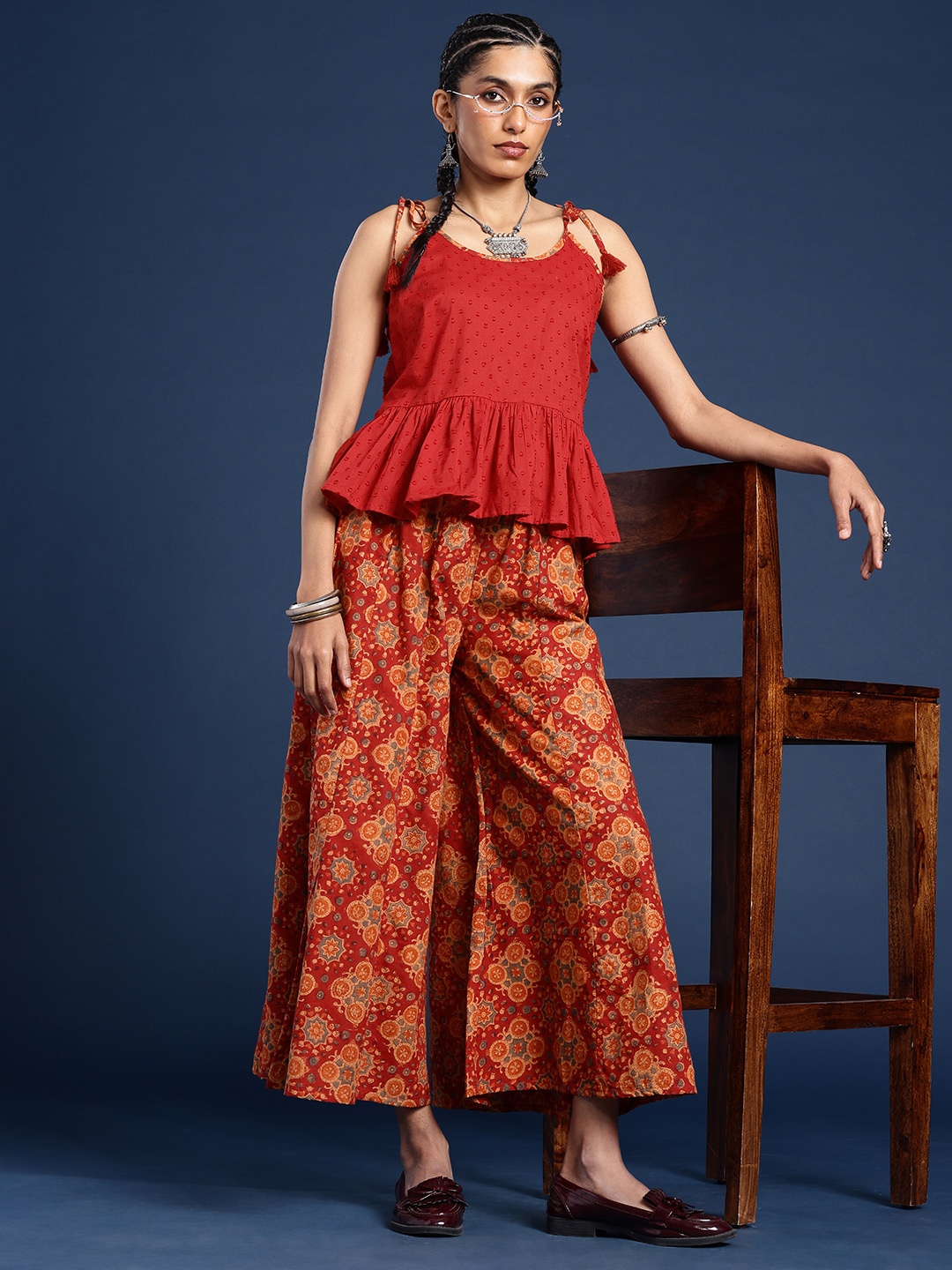 

Taavi Sanganeri Pure Cotton Ethinc Motifs Printed Top & Plazzao Co-ords, Red