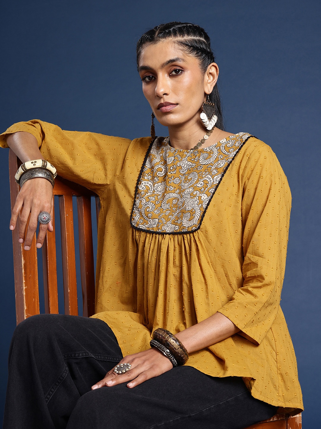 

Taavi Sanganeri Pure Cotton Ethnic Motifs Printed Gathered Dobby Top, Mustard