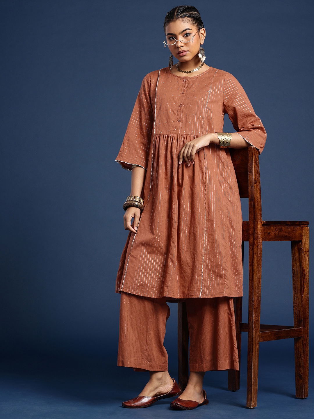 

Taavi Striped Regular Pure Cotton Festive Kurta with Palazzos, Rust