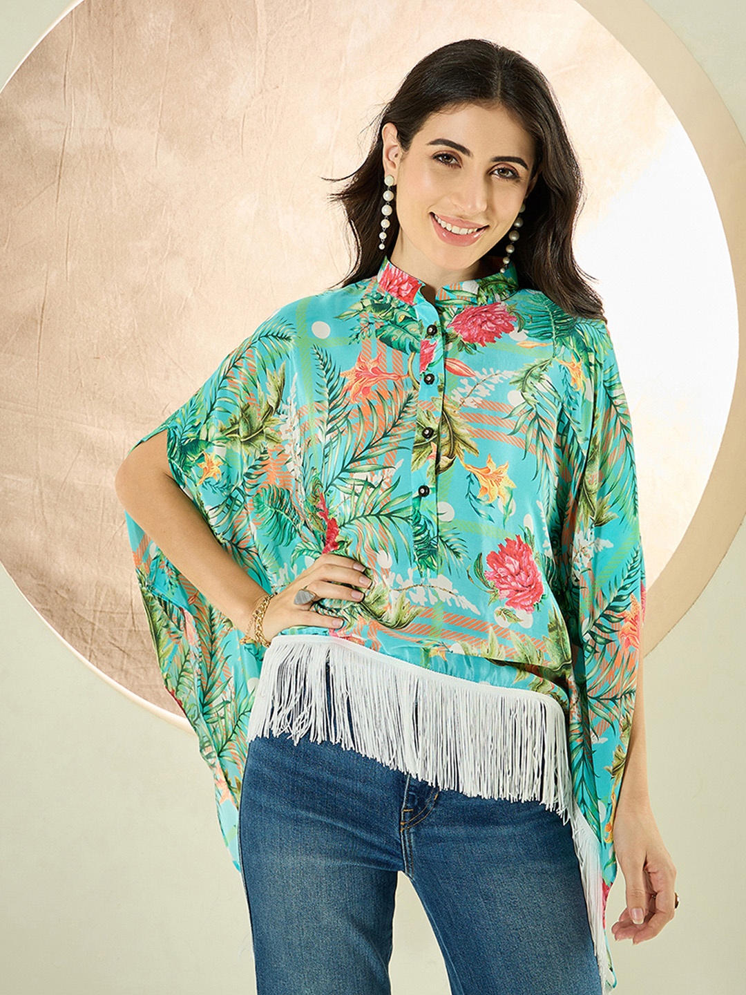 

First Resort by Ramola Bachchan Tropical Print Flared Sleeve Crepe Women Kaftan Top, Turquoise blue