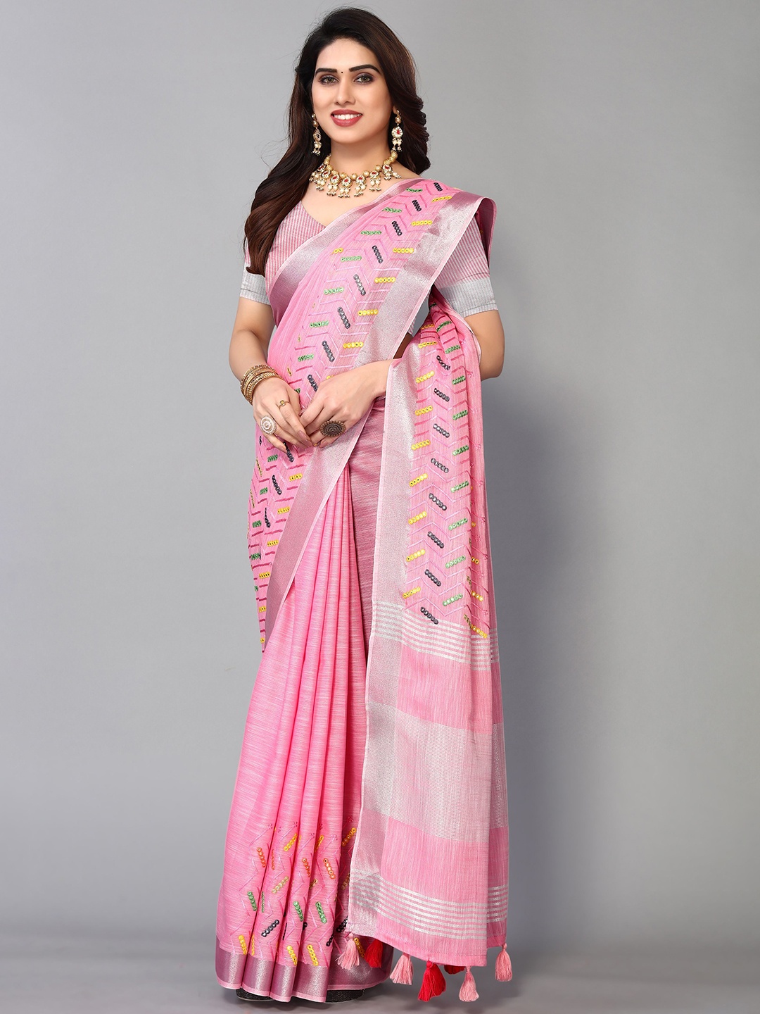 

VIRICA Zari Poly Chiffon Saree, Pink