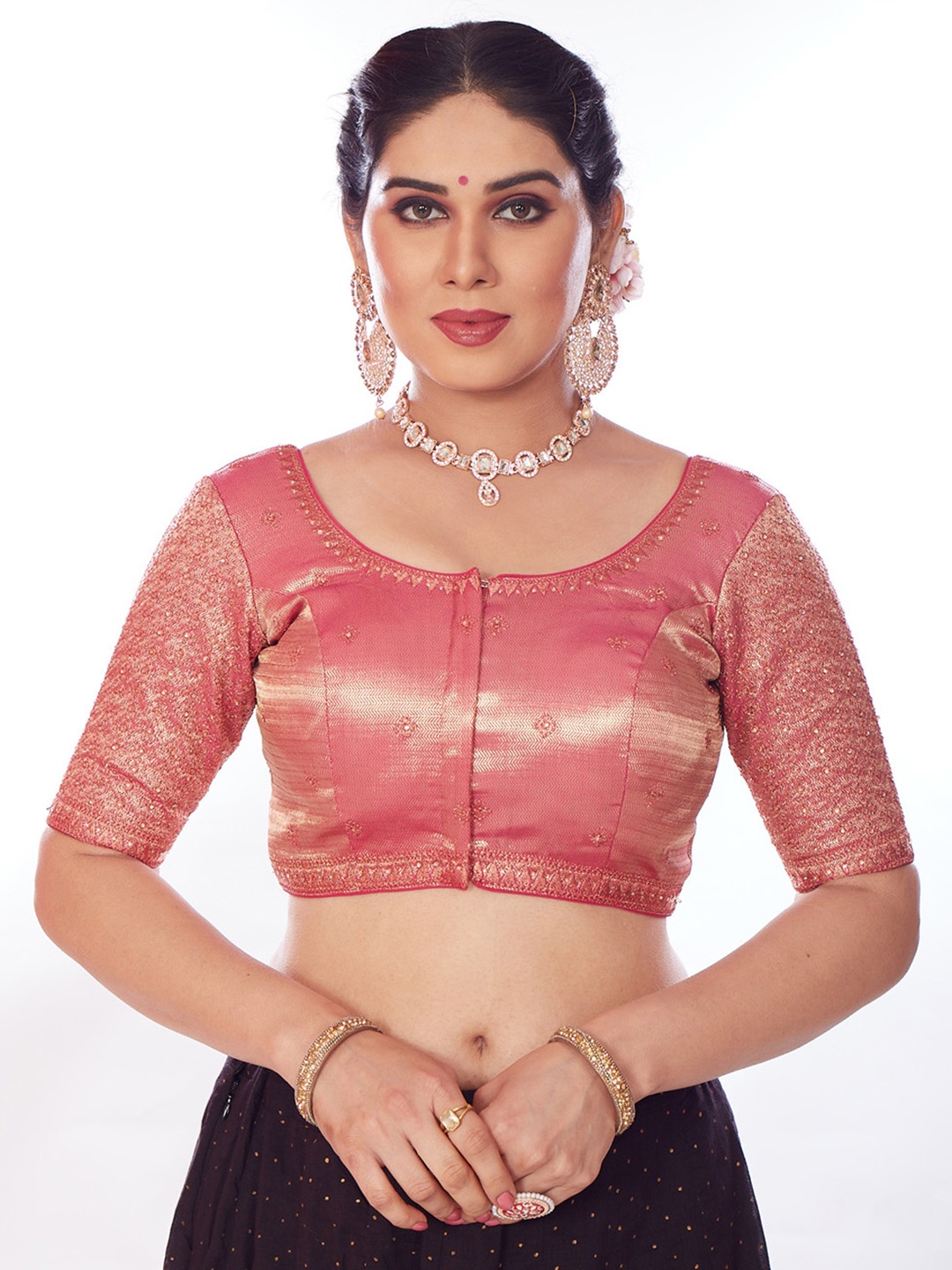 

Mmore Embroidered Padded Saree Blouse, Pink