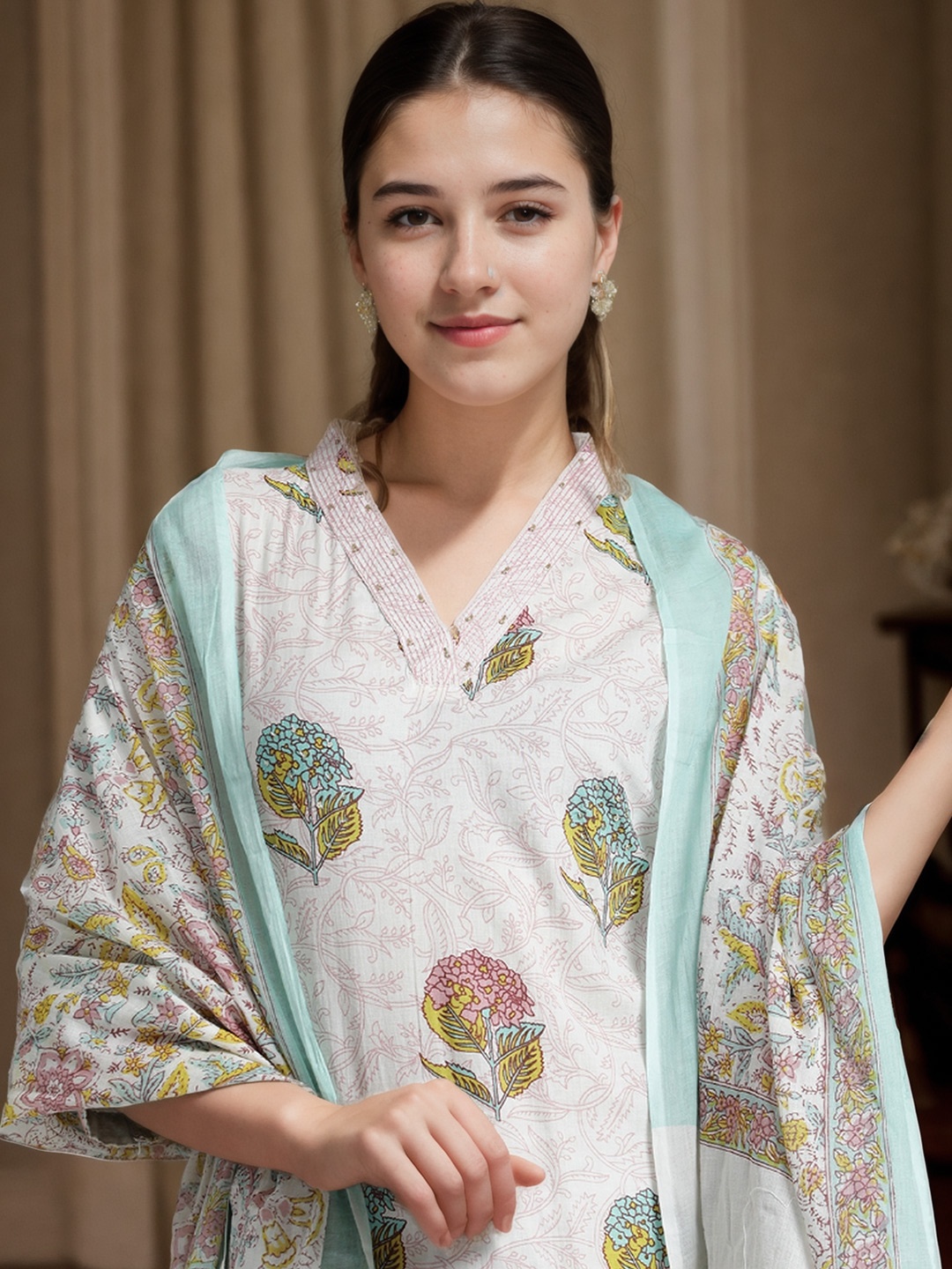 

Jaipur Kurti Floral Printed Cotton Suit Set, Cream