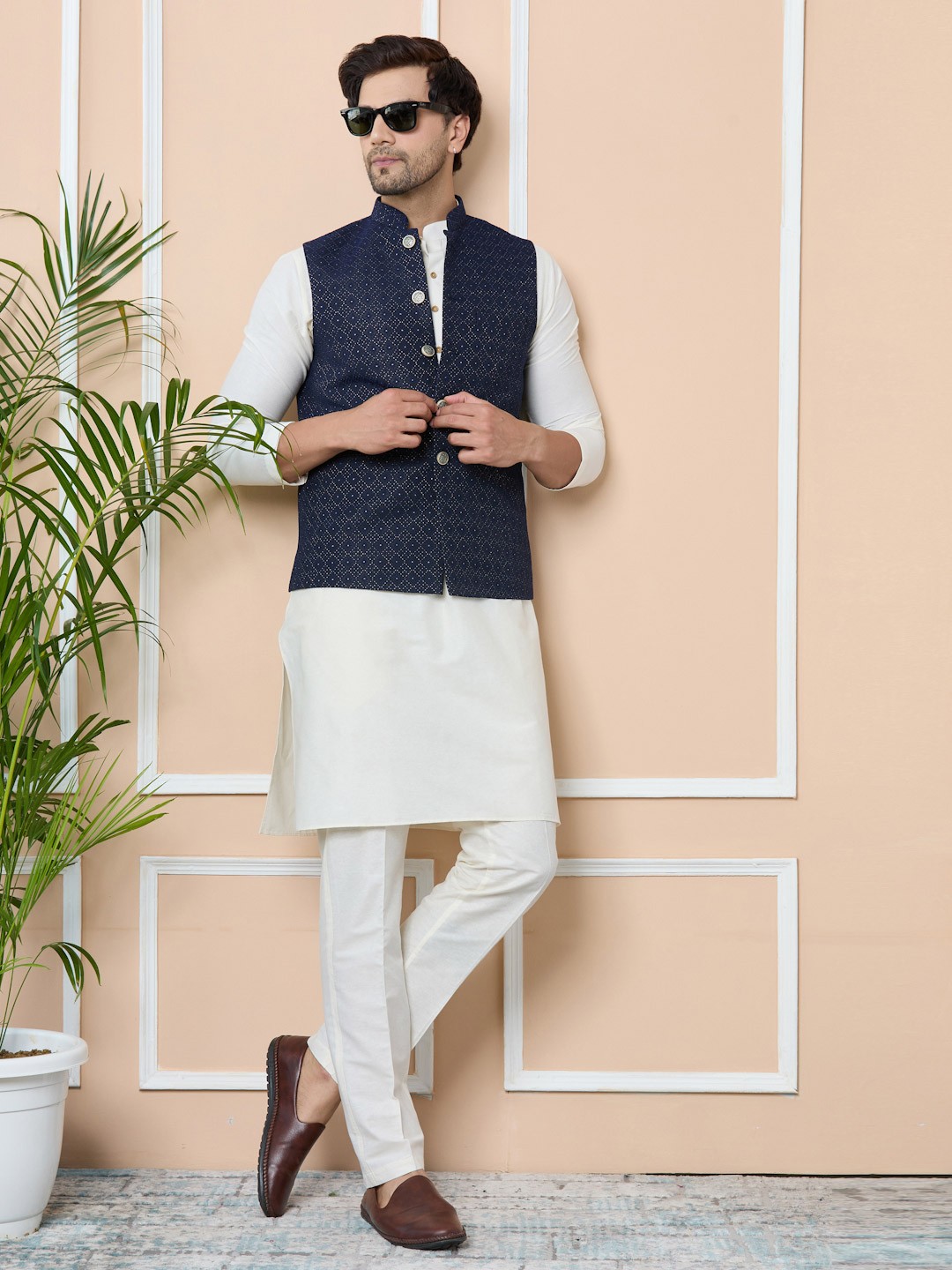 

See Designs Woven Design Nehru Jacket, Blue