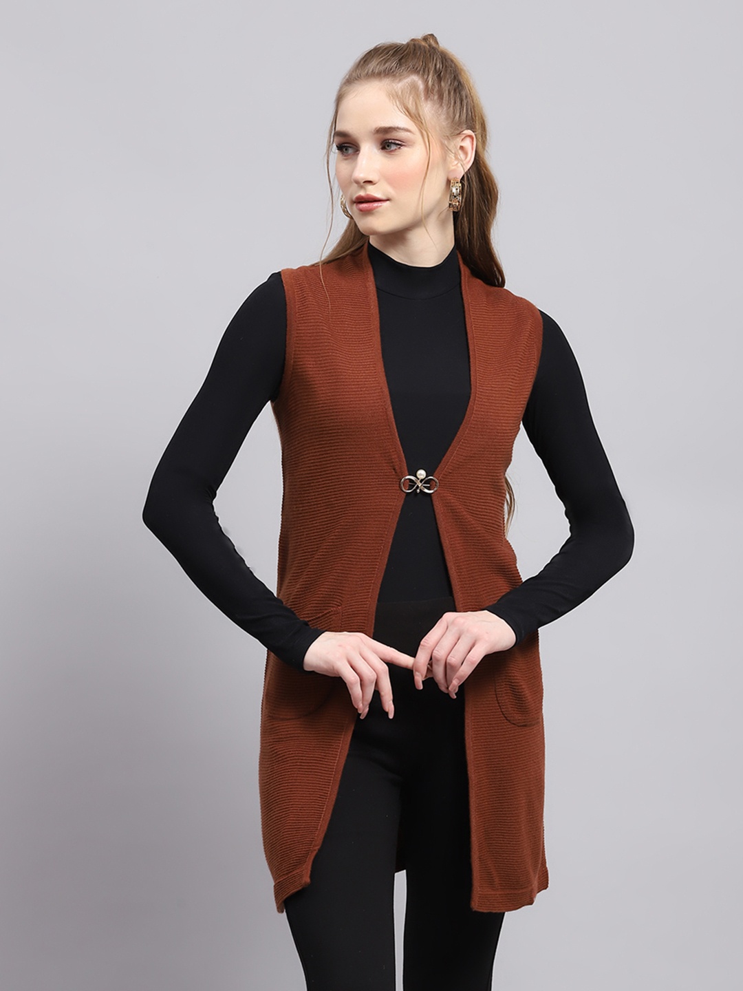 

Monte Carlo Collarless Ribbed Front Open Longline Cardigan Sweater Comes With A Brooch, Brown