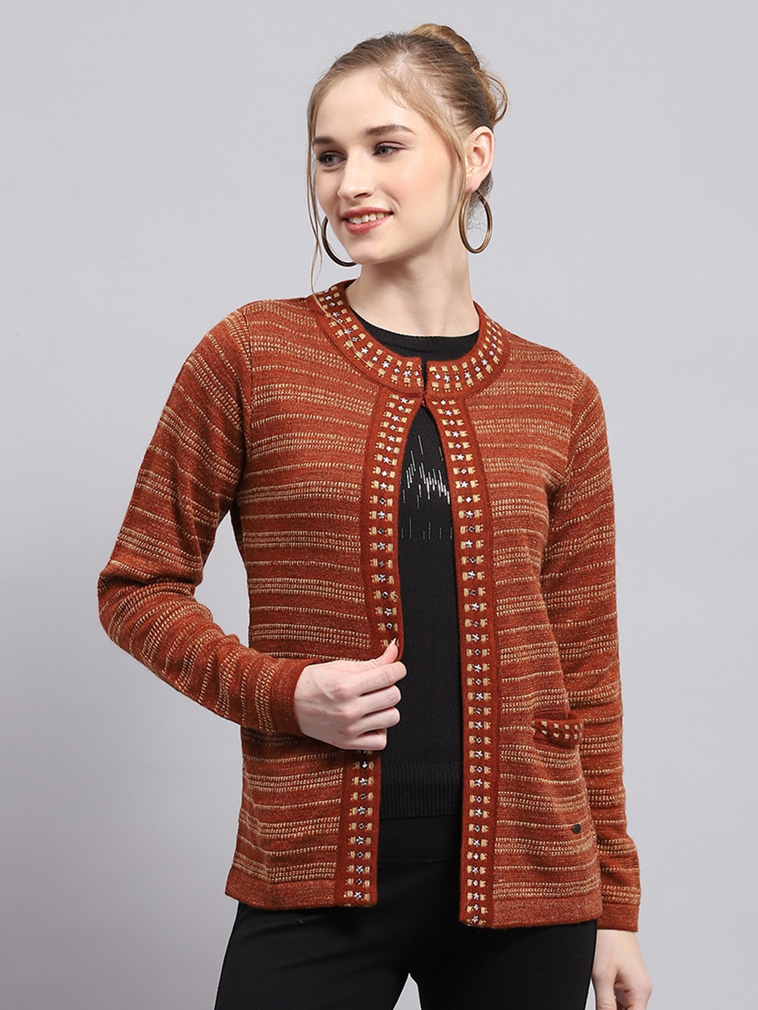 

Monte Carlo Self Striped Front Open Cardigan Sweater With Embellished Detail, Brown