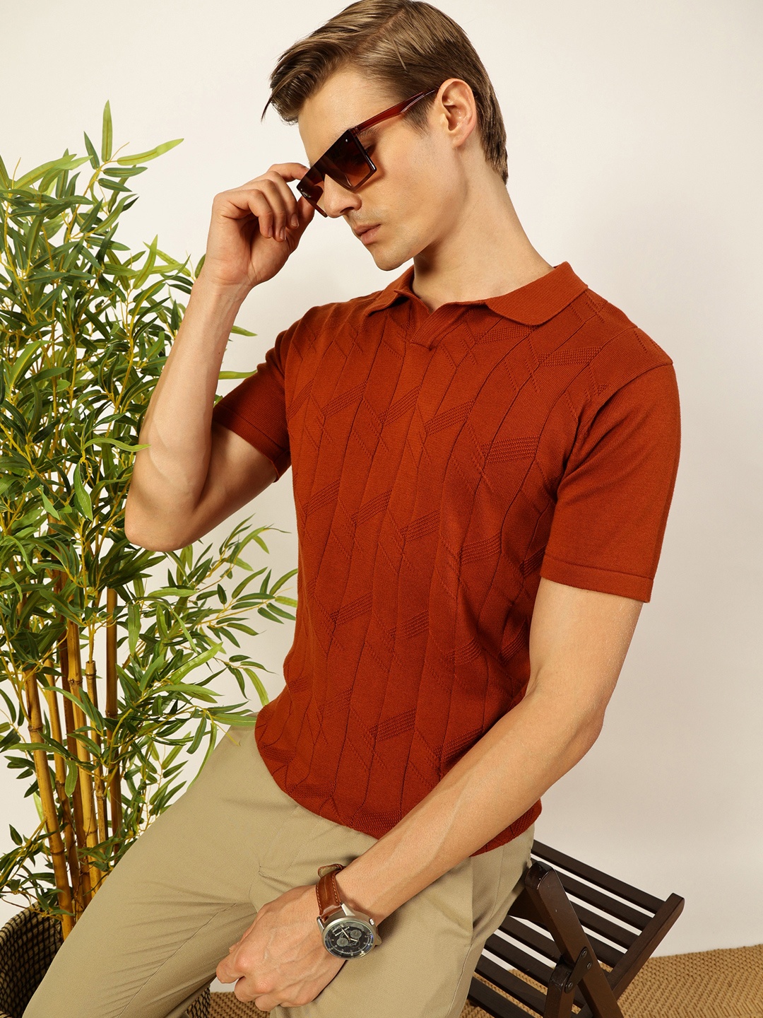 

Thomas Scott Men Self Design Regular Fit Knitted Polo T-shirt, Rust