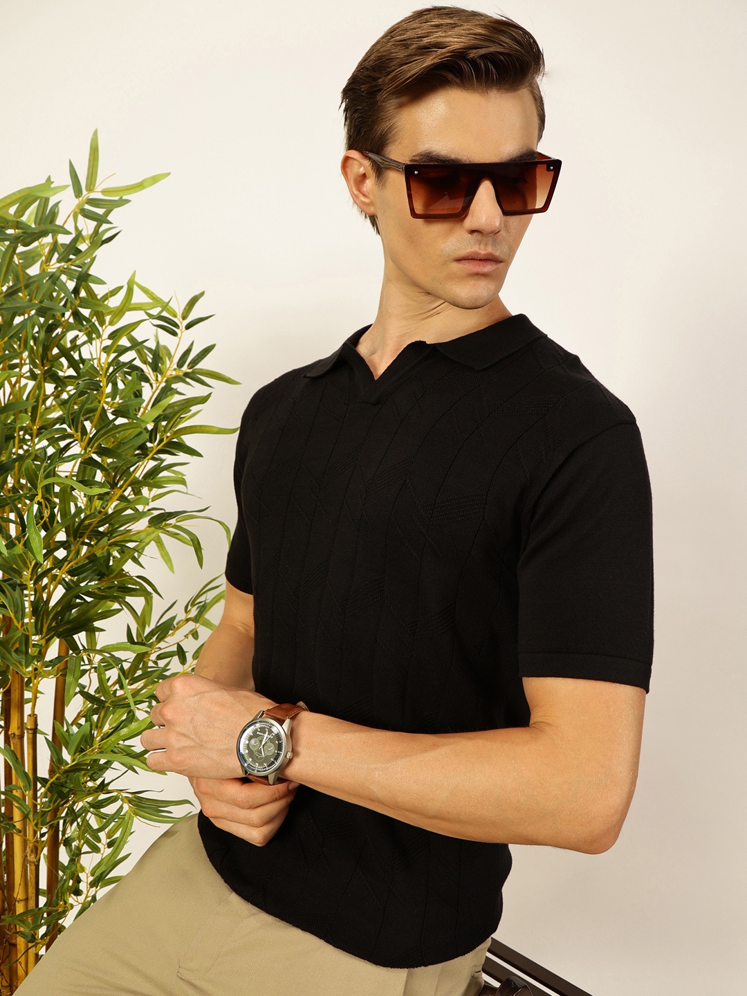 

Thomas Scott Men Self Design Regular Fit Knitted Polo T-shirt, Black