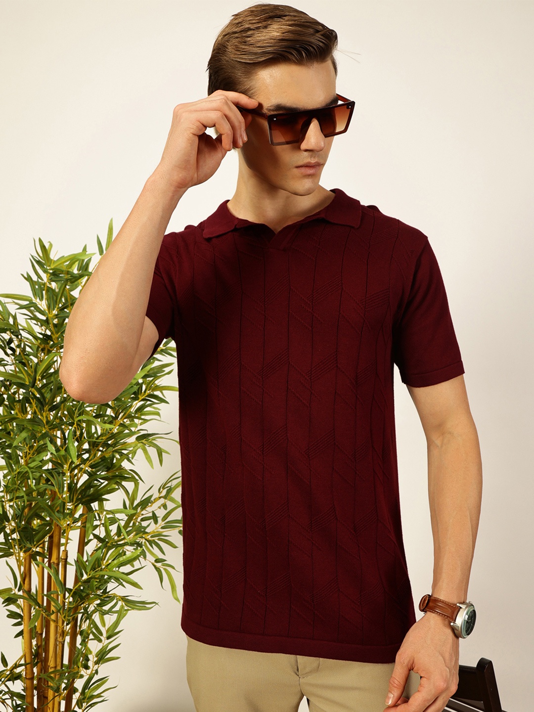 

Thomas Scott Men Self Design Regular Fit Knitted Polo T-shirt, Burgundy