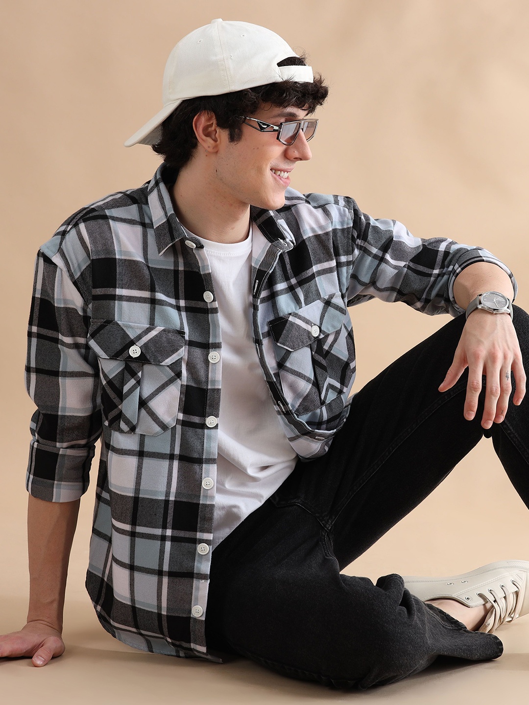 

Bushirt Men Relaxed Opaque Checked Casual Shacket, Blue