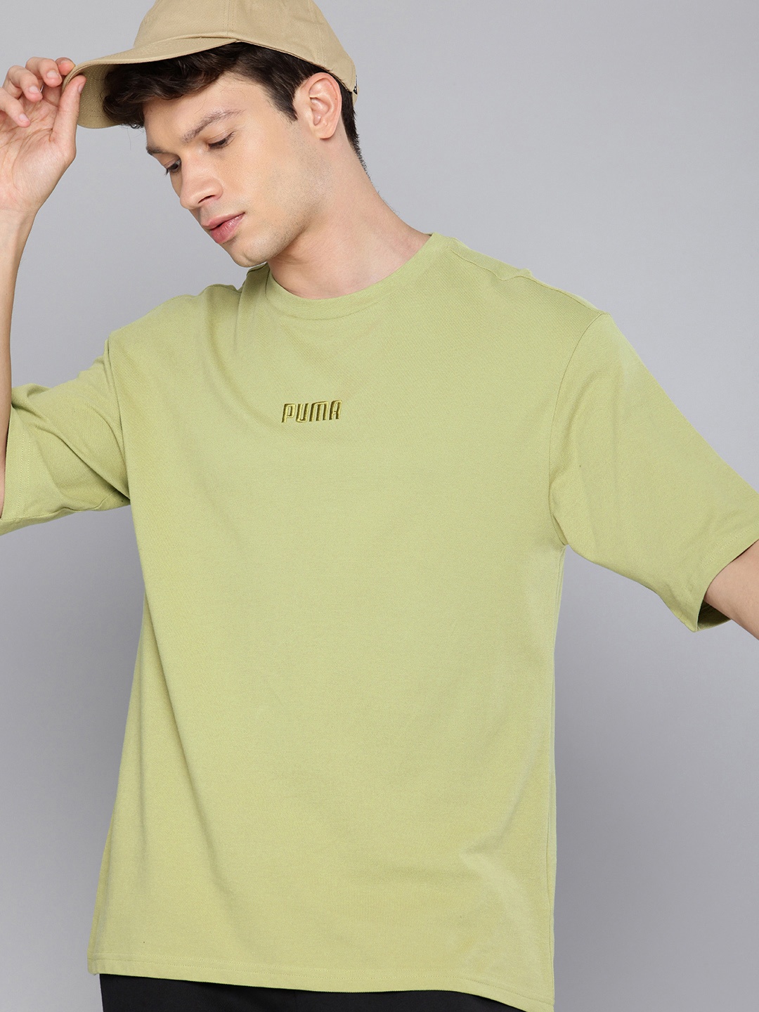 

Puma ESS ELEVATED Drop-Shoulder Sleeves Relaxed Fit Pure Cotton T-shirt, Green