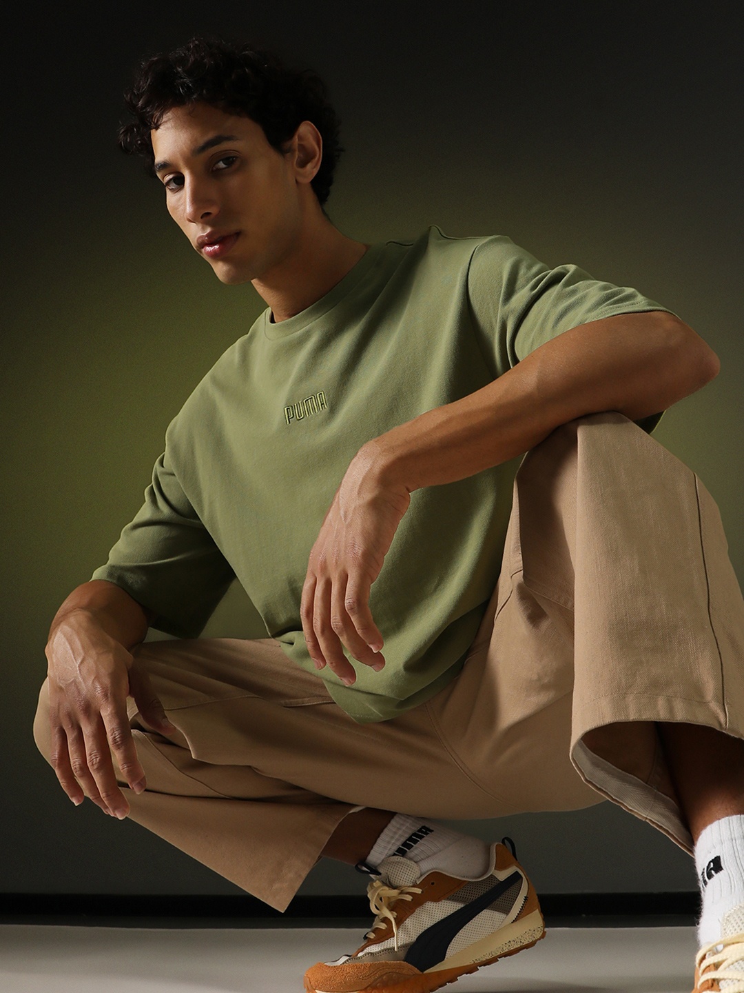 

Puma ESS ELEVATED Drop-Shoulder Sleeves Relaxed Fit Pure Cotton T-shirt, Green