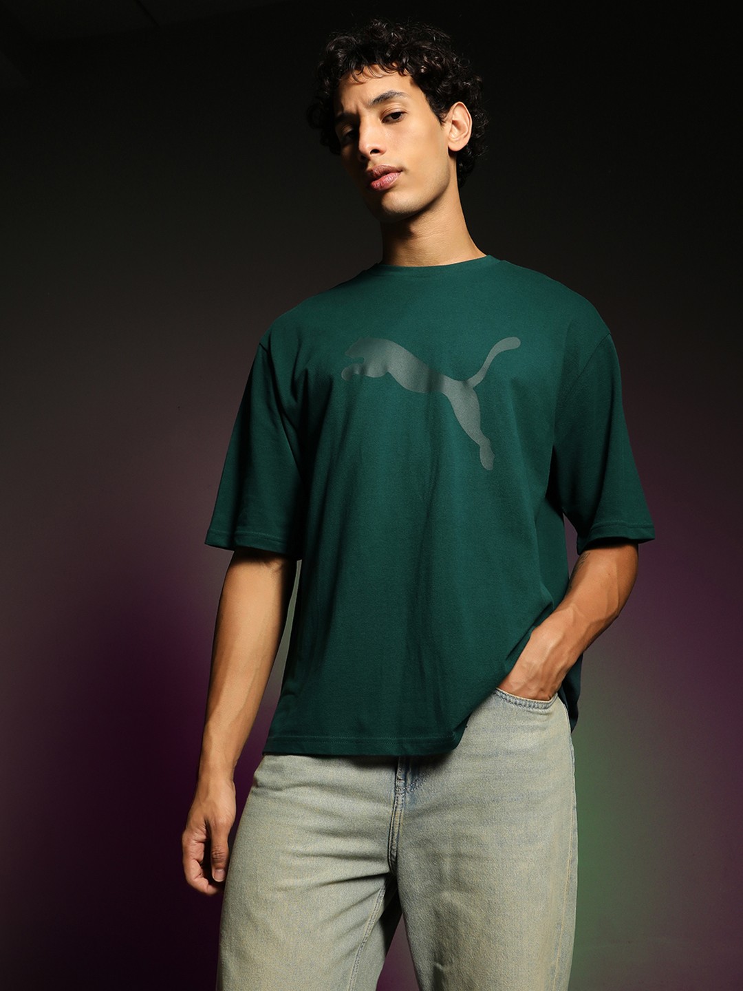 

Puma Ess Elevated Boxy Fit Brand Logo Printed Drop Shoulder Pure Cotton T-shirt, Green