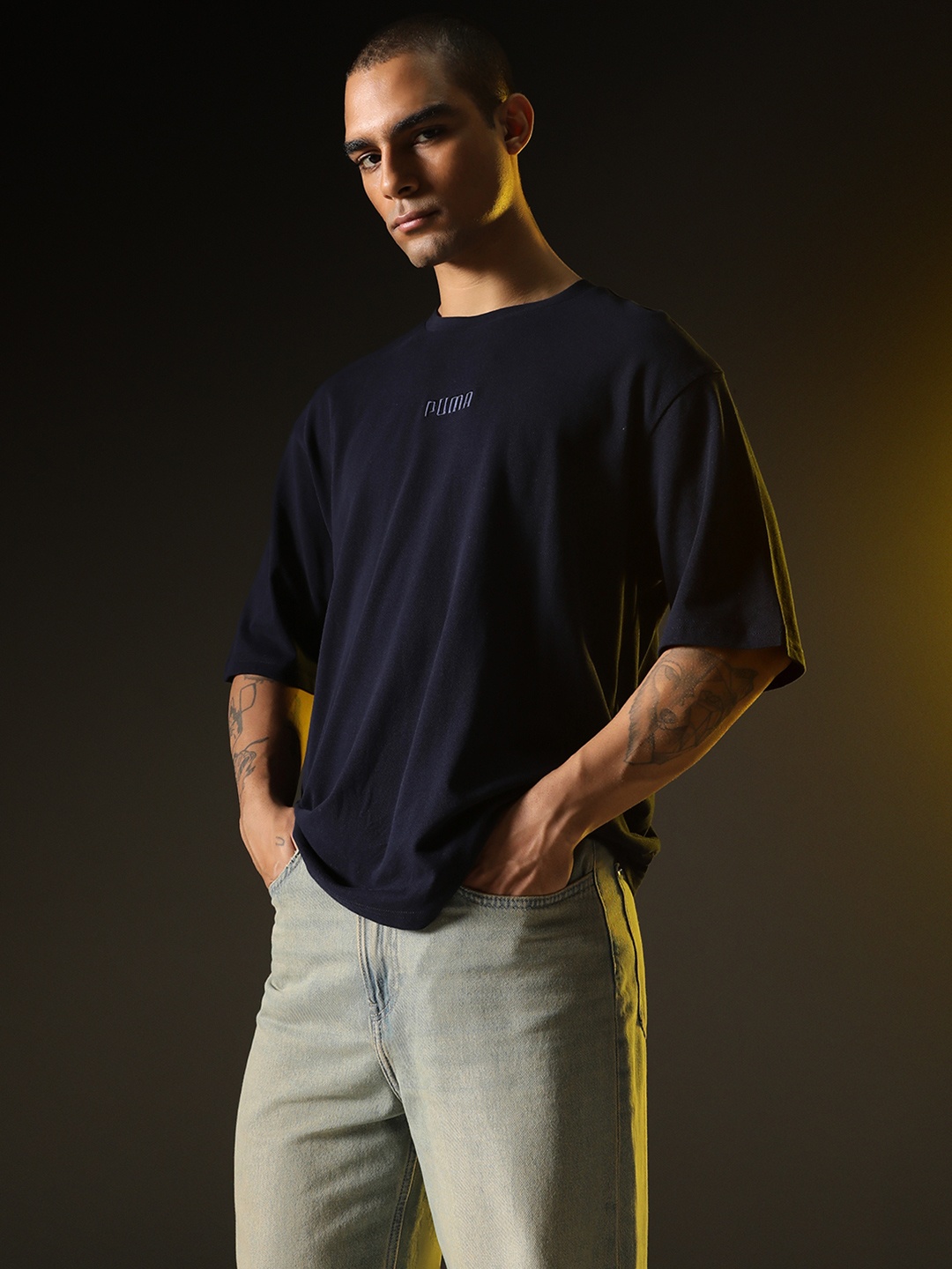 

Puma Ess Elevated Boxy Fit Drop Shoulder Pure Cotton T-shirt, Navy blue
