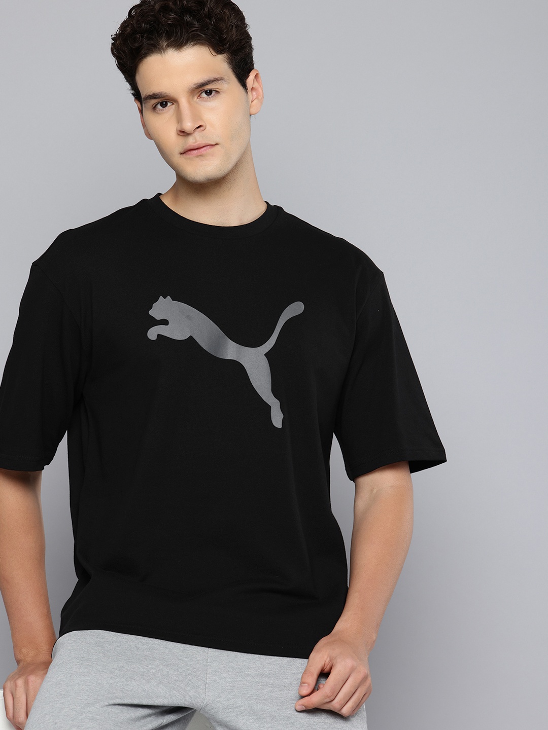 

Puma Ess Elevated Boxy Fit Brand Logo Printed Drop Shoulder Pure Cotton T-shirt, Black