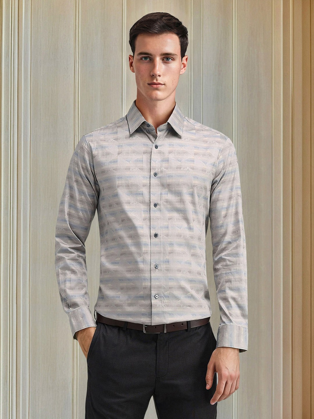 

Arrow Men Modern Slim Fit Horizontal Stripes Opaque Printed Formal Shirt, Brown