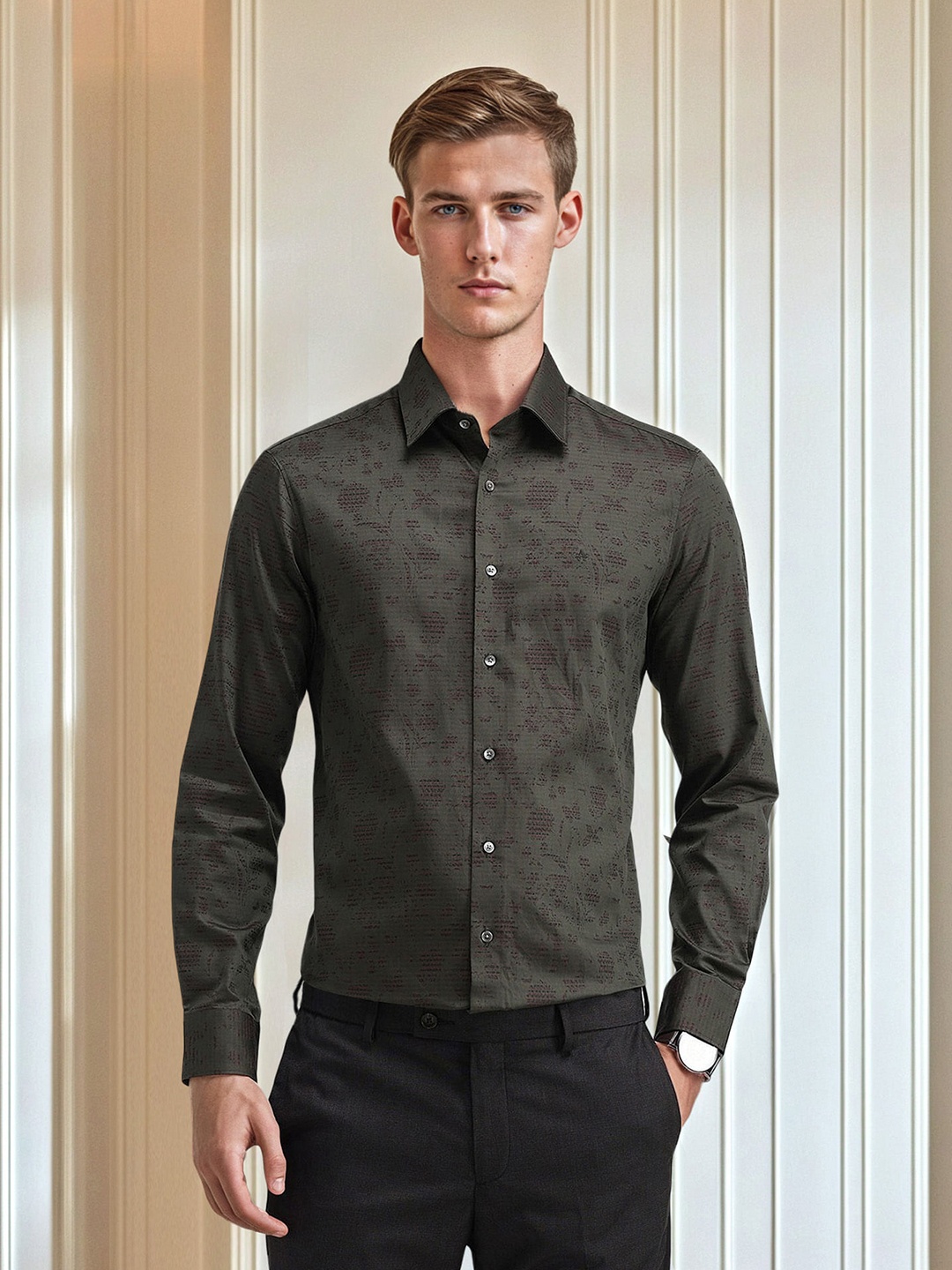 

Arrow Men Modern Slim Fit Opaque Printed Formal Shirt, Green